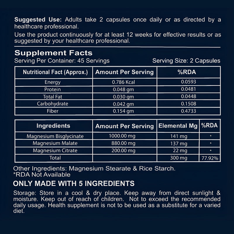 Upyogaa Triple Magnesium Complex | 300 mg Elemental Magnesium | 90 Veg Capsules