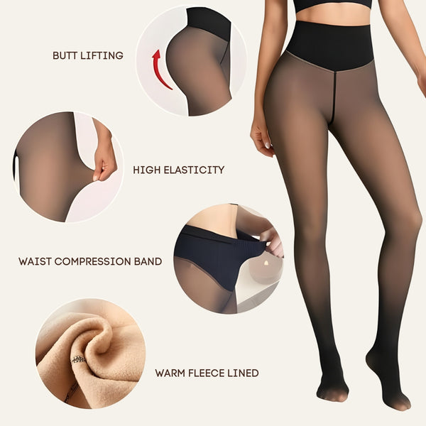 Upyogaa One Seam Tummy Compression High Waist Band Fur Lined Sheer Translucent Stockings