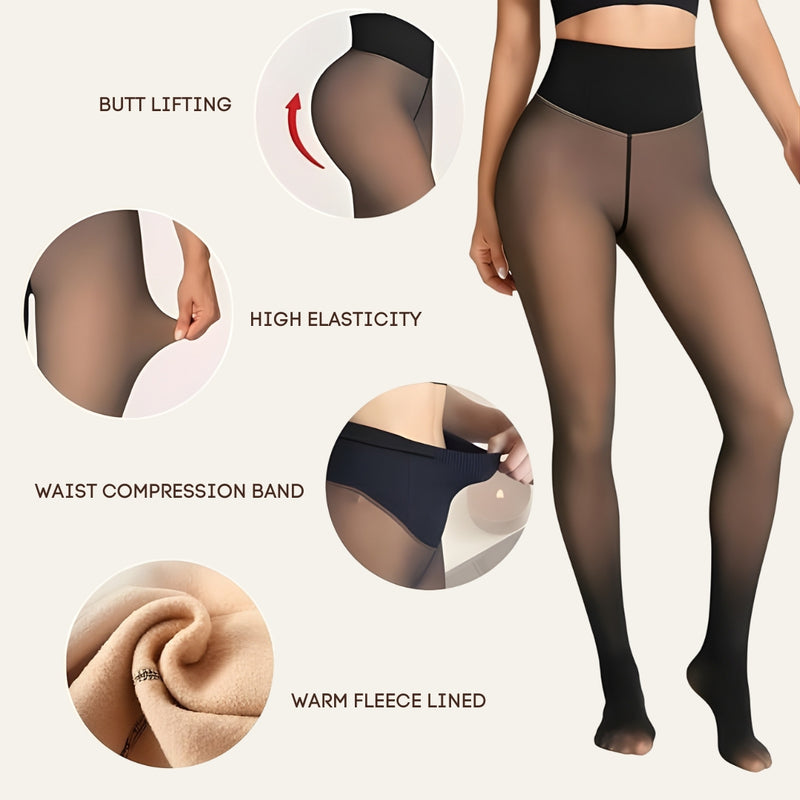 Upyogaa One Seam Tummy Compression High Waist Band Fur Lined Sheer Translucent Stockings