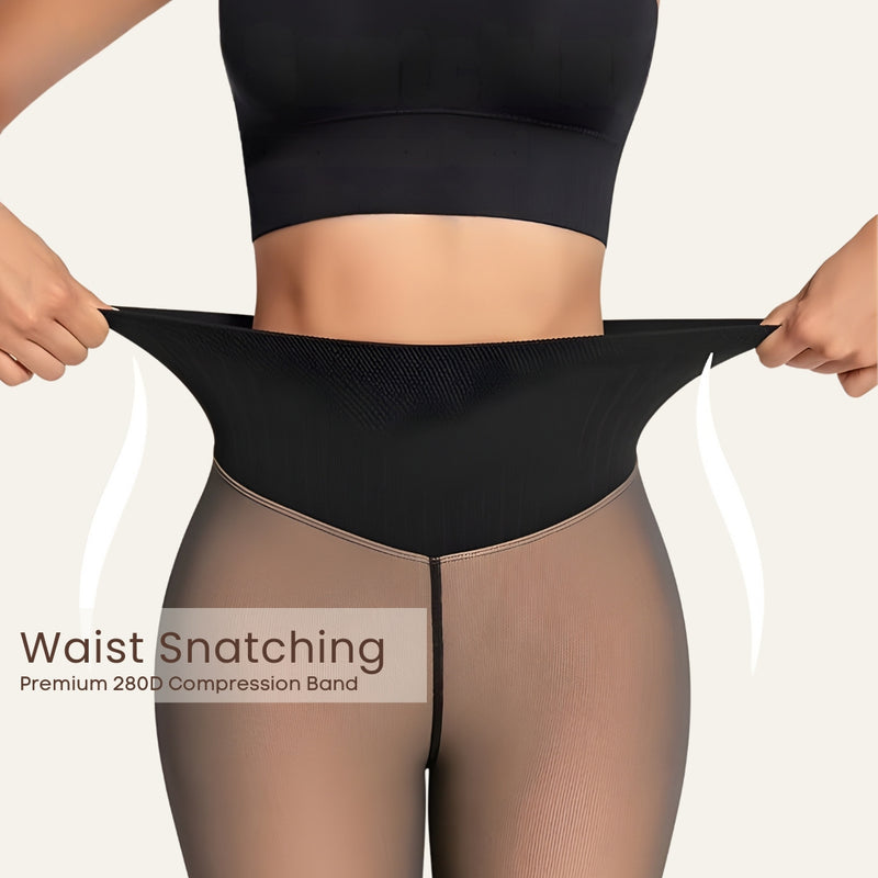 Upyogaa One Seam Tummy Compression High Waist Band Fur Lined Sheer Translucent Stockings