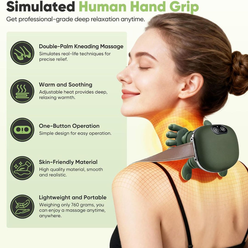 Bionic Heated Massager, Wireless Portable Shiatsu Neck and Back Massager, Electric Deep Tissue 4D Kneading Massage, Simulated Human Hand Design for Pain Relief and Muscle Relax 1 Year Warranty