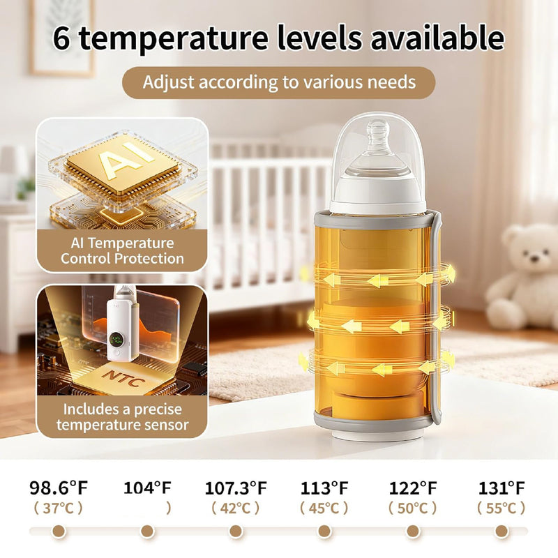 Portable Bottle Warmer, Fast Warming Comfortable Baby Feeding On The Go, Waterless Milk Warming with Battery-Powered for Home Outdoor , 1 year Warranty