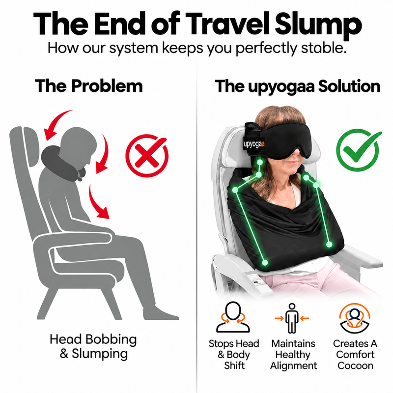Upyogaa 3-in-1 Airplane Travel Sleep Kit – Memory Foam Neck Pillow, Adjustable Eye Mask & Body Support Sling| 1 Year Warranty