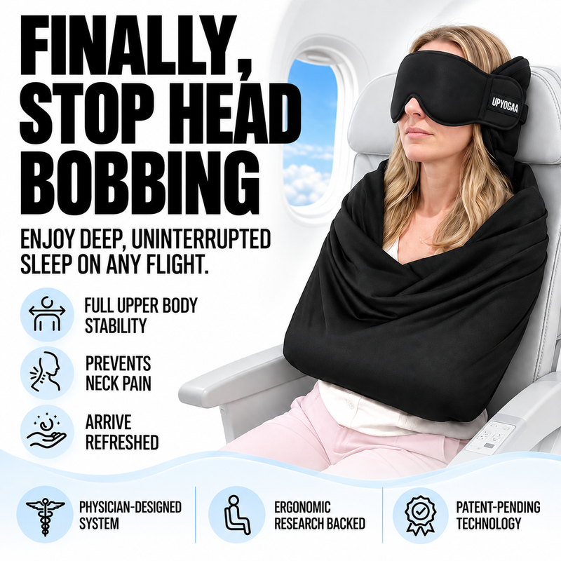 Upyogaa 3-in-1 Airplane Travel Sleep Kit – Memory Foam Neck Pillow, Adjustable Eye Mask & Body Support Sling| 1 Year Warranty