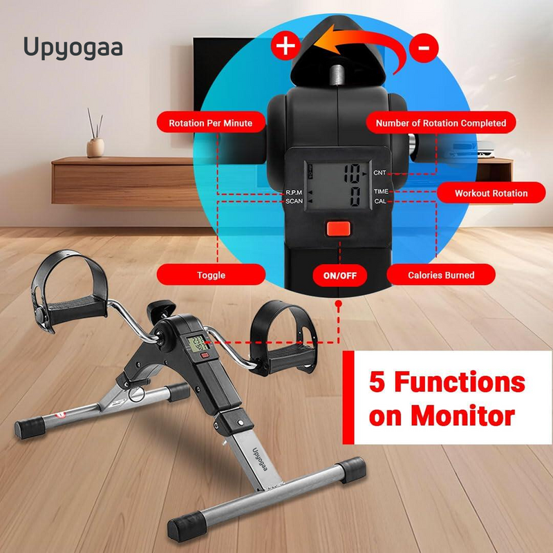 Upyogaa Mini Cycle Pedal Exerciser with Fixing Strap, Adjustable Resistance and Digital Display - Suitable for Light Exercise of Legs, Arms, and Physiotherapy at Home ,High Strength Steel Frame,1 Year Warranty