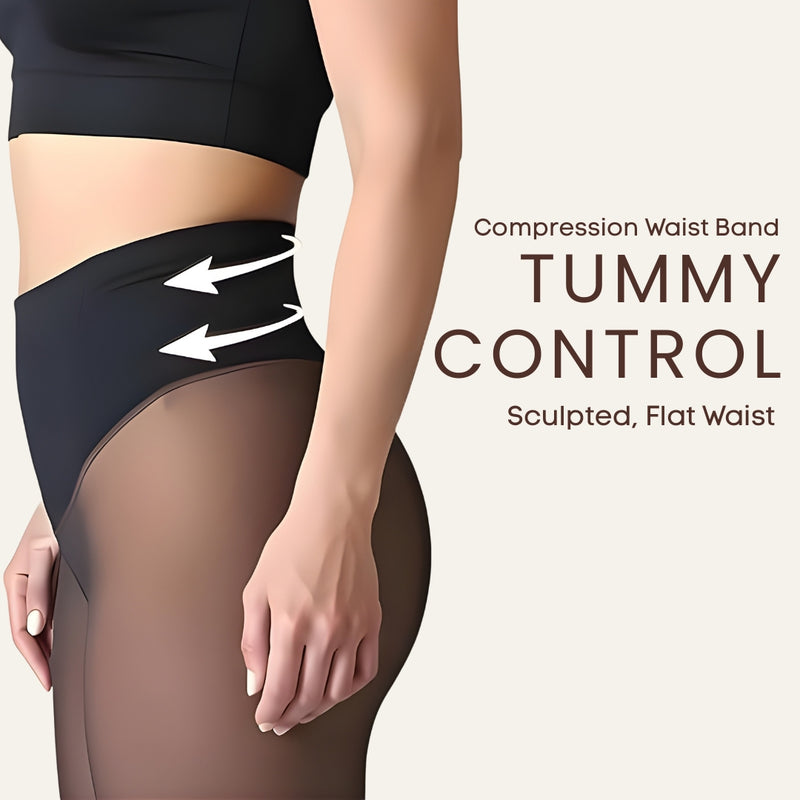 Upyogaa One Seam Tummy Compression High Waist Band Fur Lined Sheer Translucent Stockings