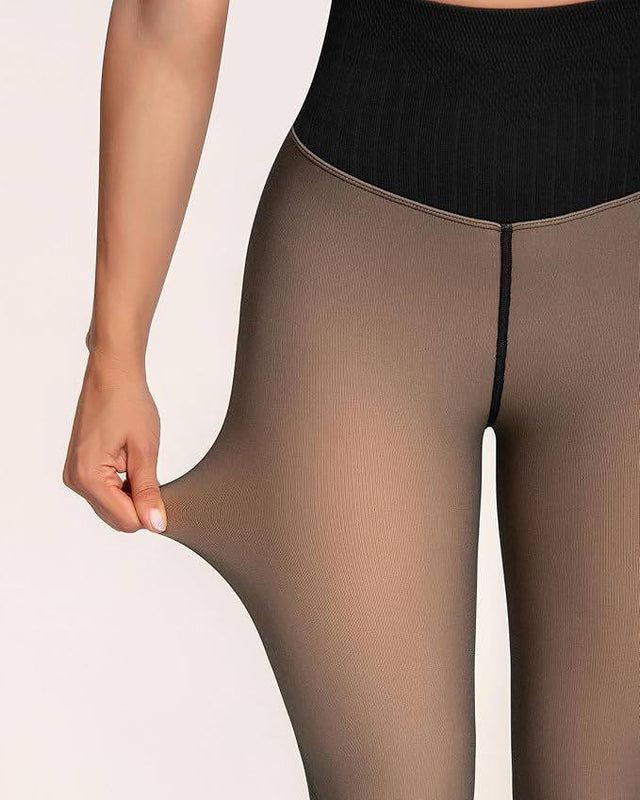 Upyogaa One Seam Tummy Compression High Waist Band Fur Lined Sheer Translucent Stockings