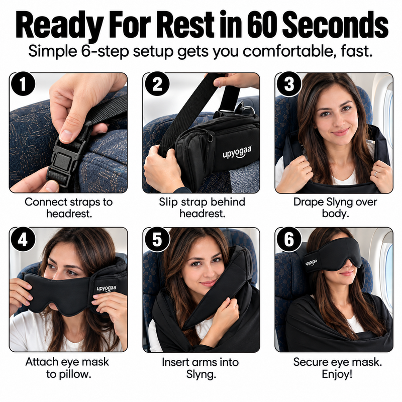 Upyogaa 3-in-1 Airplane Travel Sleep Kit – Memory Foam Neck Pillow, Adjustable Eye Mask & Body Support Sling| 1 Year Warranty