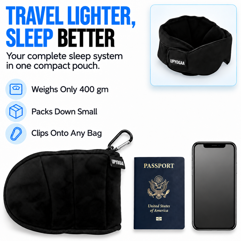 Upyogaa 3-in-1 Airplane Travel Sleep Kit – Memory Foam Neck Pillow, Adjustable Eye Mask & Body Support Sling| 1 Year Warranty