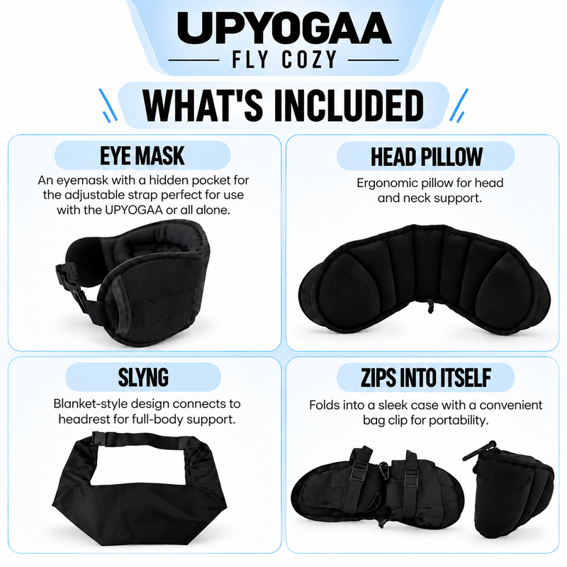 Upyogaa 3-in-1 Airplane Travel Sleep Kit – Memory Foam Neck Pillow, Adjustable Eye Mask & Body Support Sling| 1 Year Warranty