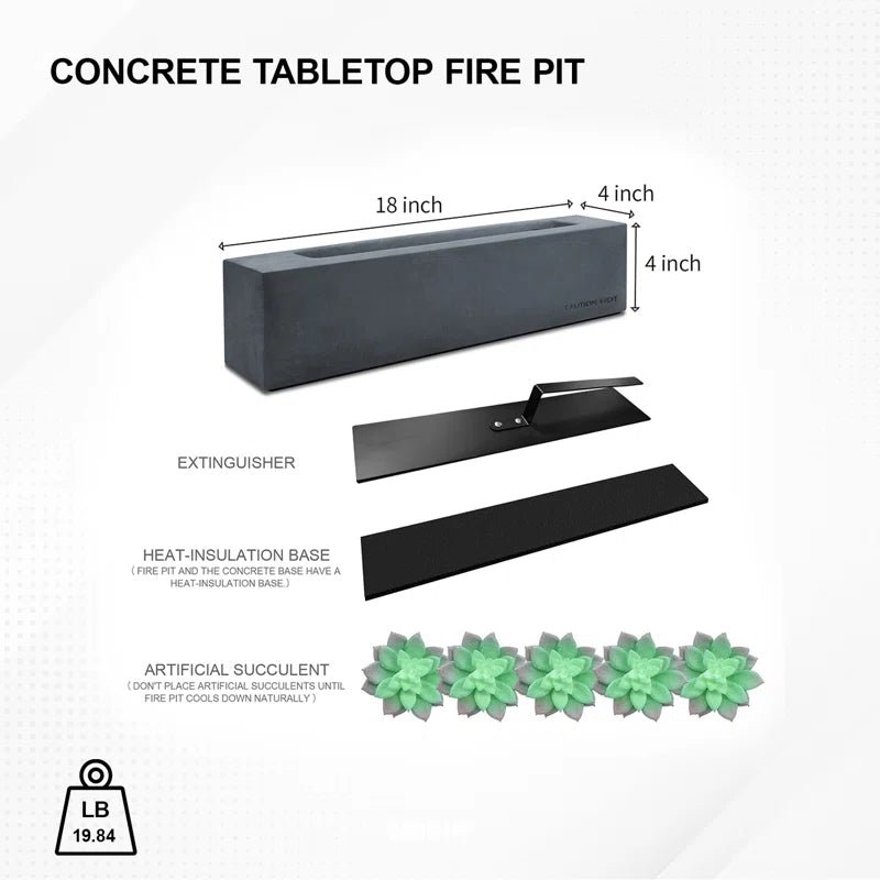 Rectangular Concrete Bio-Ethanol Tabletop Fireplace Indoor and Outdoor